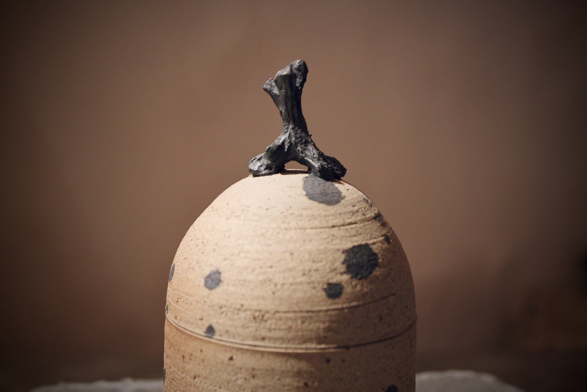 Tall Stoneware Lidded Jar, Wood-Inspired, Grey-Beige – 11 cm