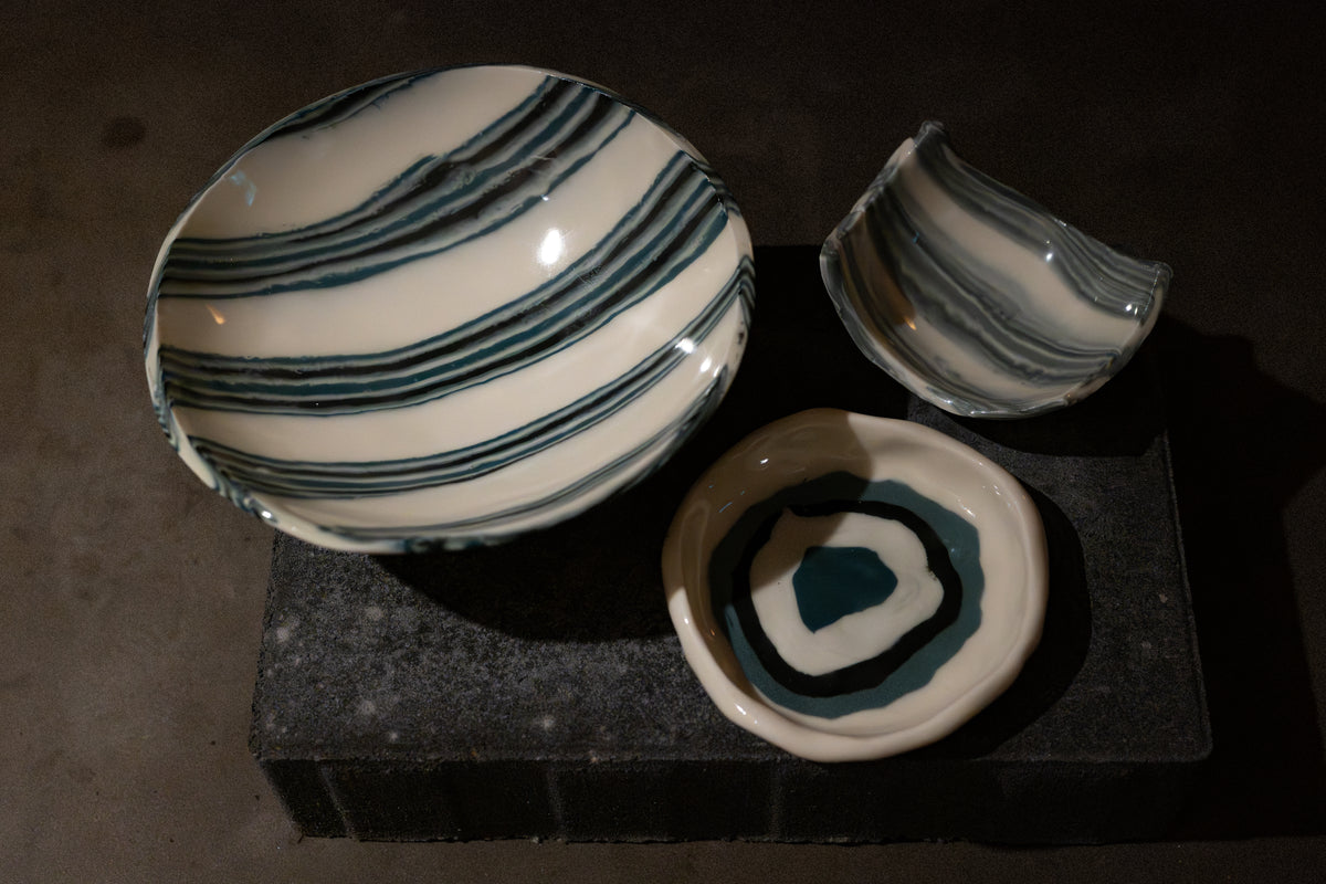 Small Porcelain Bowl with Foot, Nerikomi – Blue-Striped