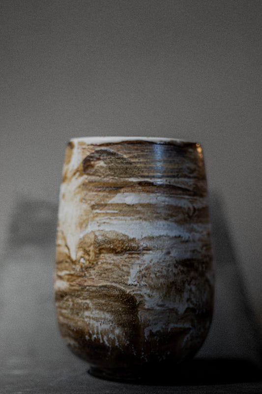 Stoneware Vase, Marbled Glaze – White/Brown/Ochre