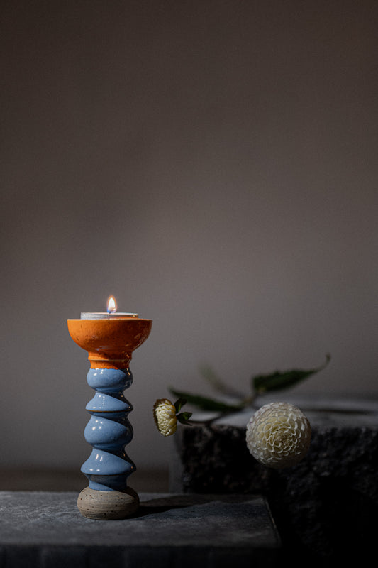 Stoneware Candle Holder, Orange/Light Blue Glaze – Tealight