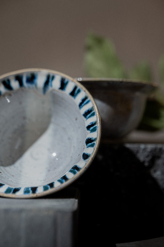 2 Breakfast Bowls in Light Blue Glaze with Decorated Rim – Pair