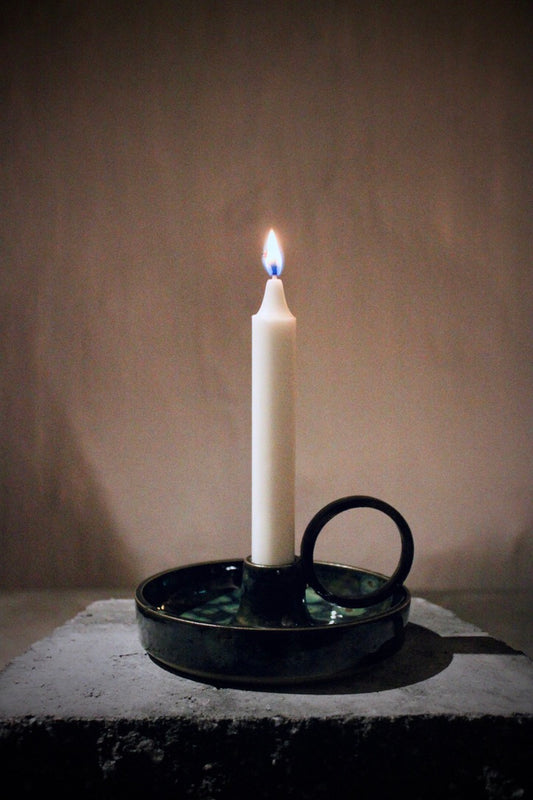Stoneware Candlestick with Handle – Green/Blue/Brown Glaze