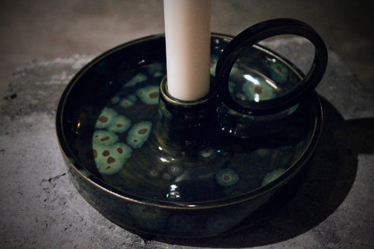 Stoneware Candlestick with Handle – Green/Blue/Brown Glaze