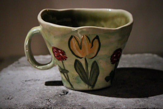 Hand-Painted Stoneware Coffee Cup with Handle – Floral Pattern, Smooth Clay