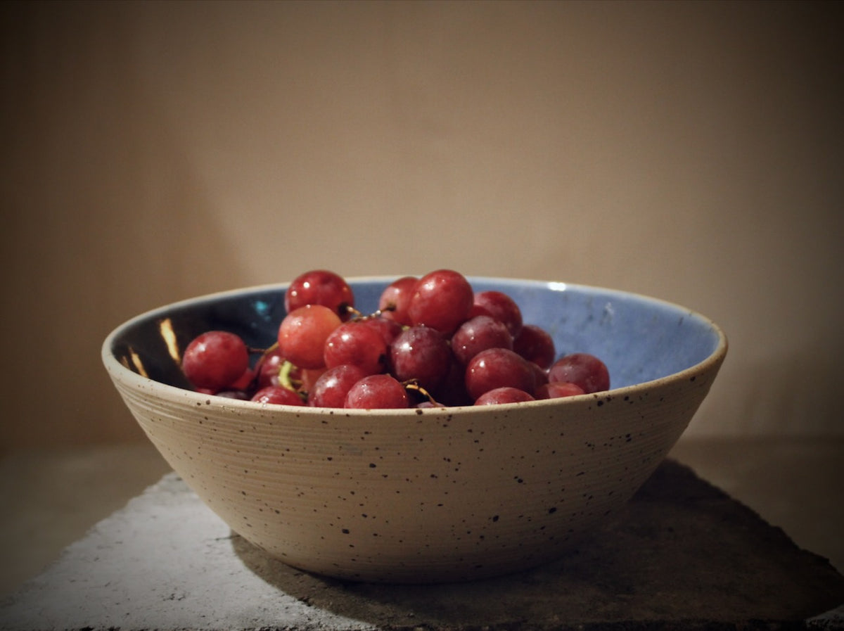 Blue Bowl with Unglazed Exterior, Beautiful Blue Glaze Inside, 23 cm Diameter