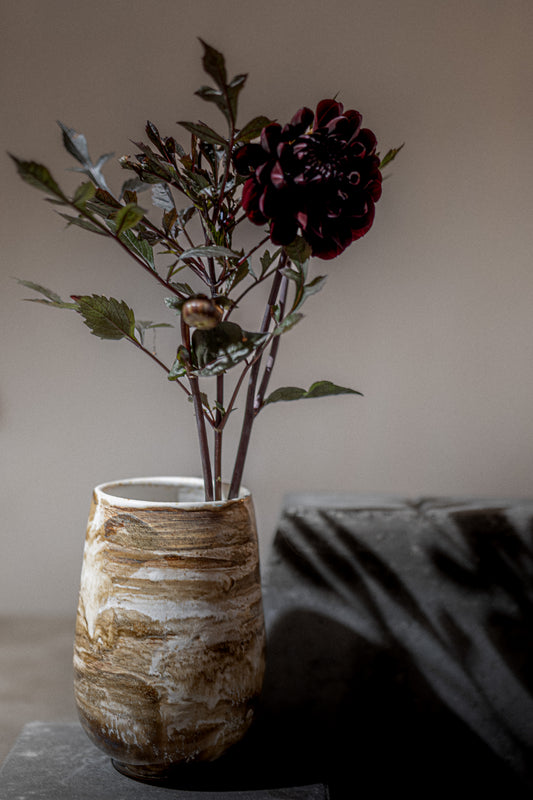 Stoneware Vase, Marbled Glaze – White/Brown/Ochre