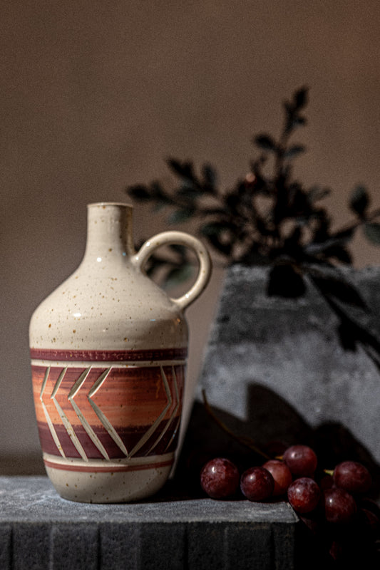 Stoneware Carafe/Jug with Handle – Carved Band in Purple/Red/Orange