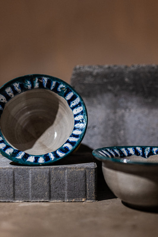 2 Breakfast Bowls with Petrol Green Decoration – Pair