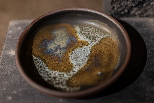 Small Dish in Red Stoneware – Black/White/Copper Glaze
