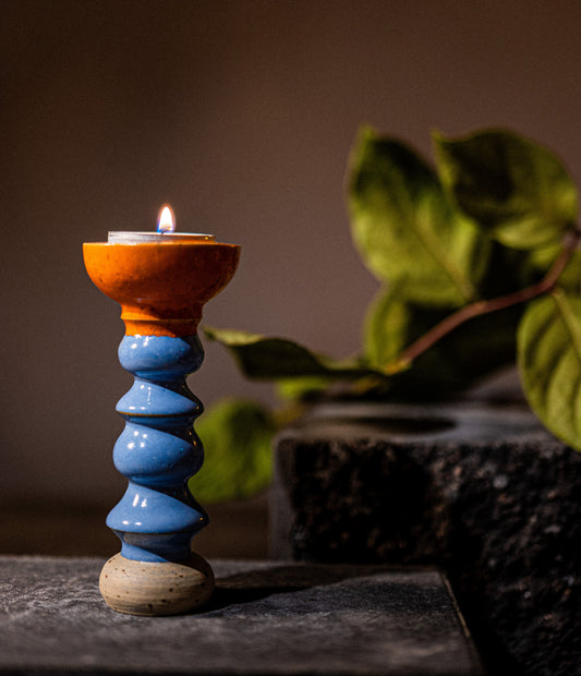 Stoneware Candle Holder, Orange/Light Blue Glaze – Tealight