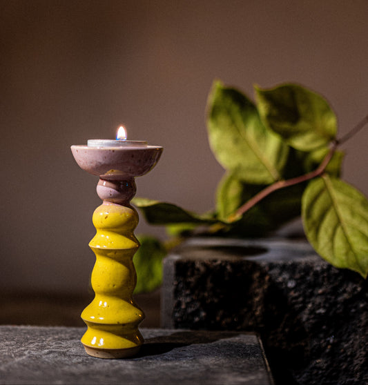 Stoneware Candle Holder, Purple/Yellow Glaze – Tealight
