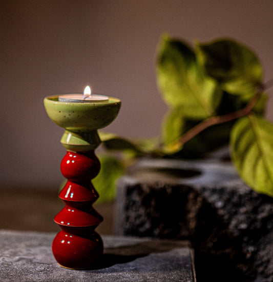 Stoneware Candle Holder, Lime Green/Red Glaze – Tealight