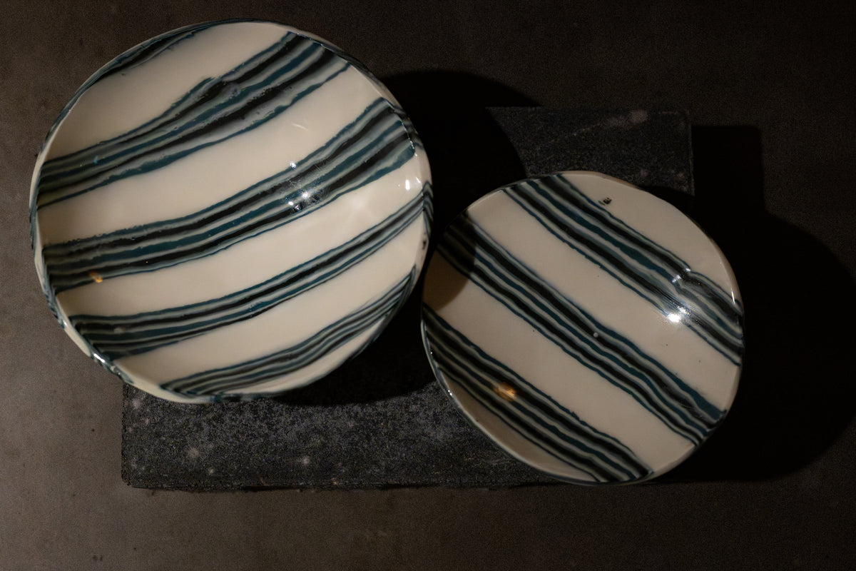 Oval Porcelain Bowl with Foot, Nerikomi – Blue-Striped