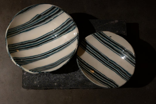 Oval Porcelain Bowl with Foot, Nerikomi – Blue-Striped
