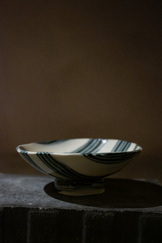 Oval Porcelain Bowl with Foot, Nerikomi – Blue-Striped