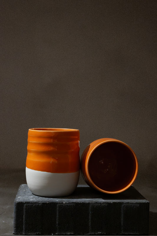 Porcelain Teacups, Orange Glaze – Pair