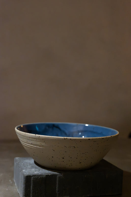 Blue Bowl with Unglazed Exterior, Beautiful Blue Glaze Inside, 23 cm Diameter