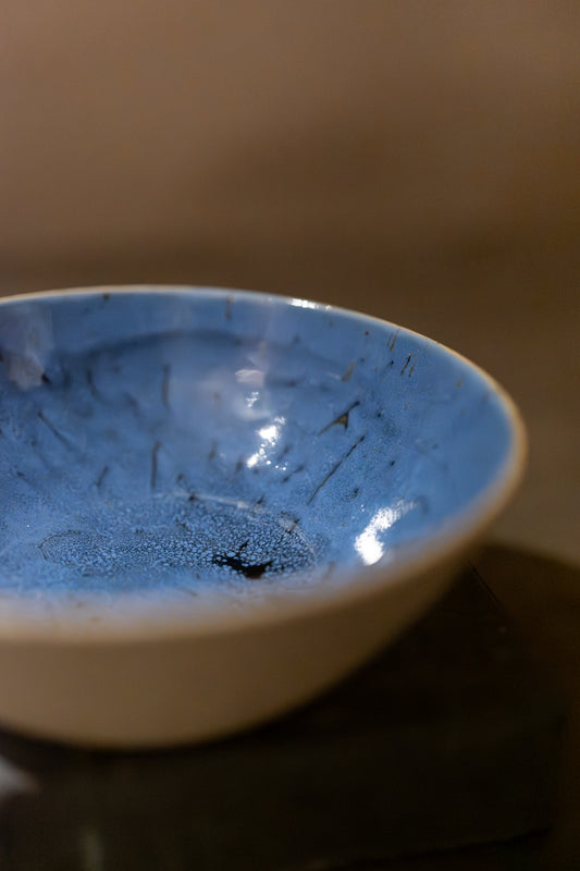 Blue Bowl with Unglazed Exterior, Beautiful Blue Glaze Inside, 23 cm Diameter