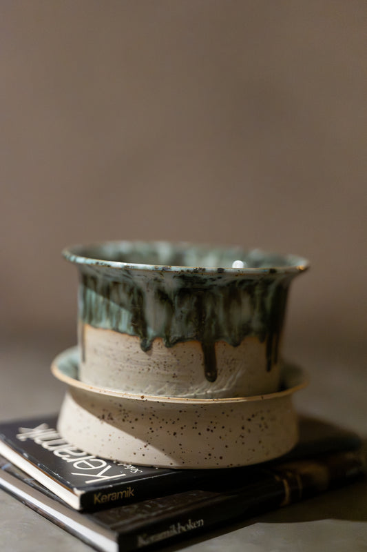 Stoneware Plant Pot with Saucer, Green/Blue Glaze – 1 pc