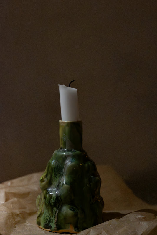 Mountain-Shaped Stoneware Candlestick – Green Glaze