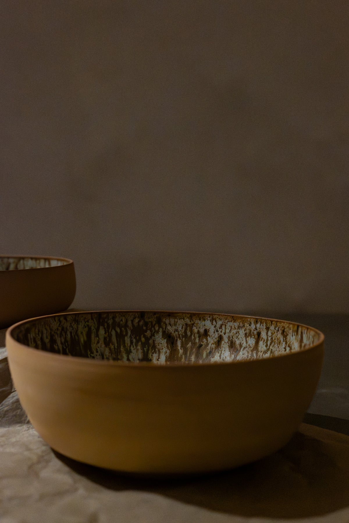 Bowl with Unglazed Exterior, Beautiful Running Glaze Inside, 19.5 cm Diameter
