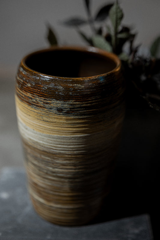 Stoneware Vase with Throwing Ridges – Brown/Beige/Ochre Glaze