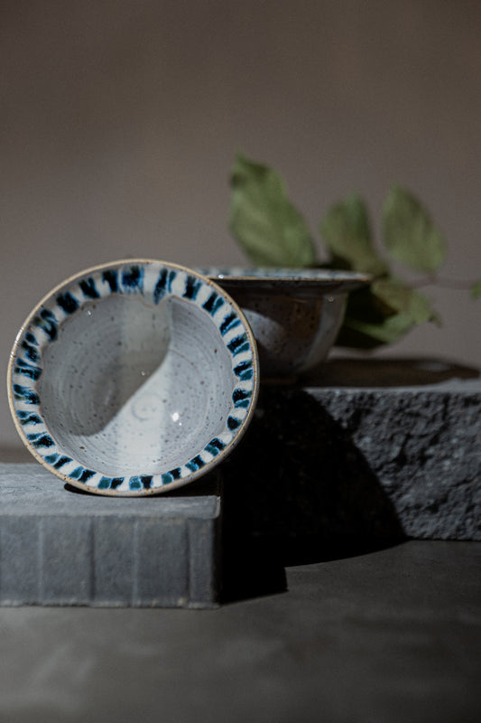 2 Breakfast Bowls in Light Blue Glaze with Decorated Rim – Pair