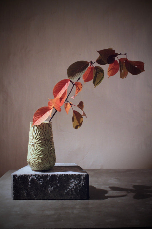 Vase with Hand-Carved Pattern – Spring Green Glaze
